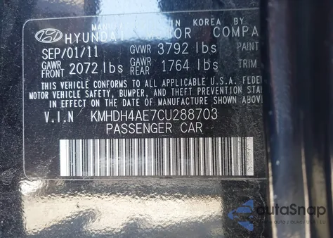 2012 Hyundai Elantra Gls (Ulsan Plant) from USA, damaged, VIN KMHDH4AE7CU288703